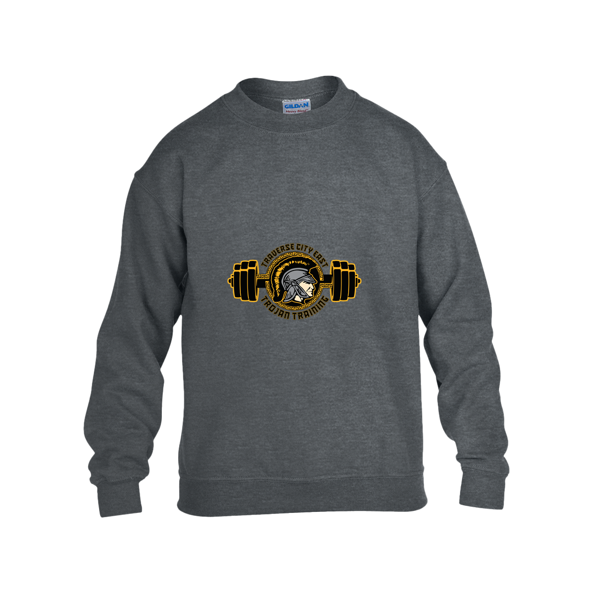 tc-trojans-ems-training-logo-gildan-kids-heavy-blend-fleece-crew — Dark Heather — Front — source sha256 309690352725cdb540f5472f1ceb54be5edd3cf25eac6e5ba325c8752c1b1a03 — Color position 2