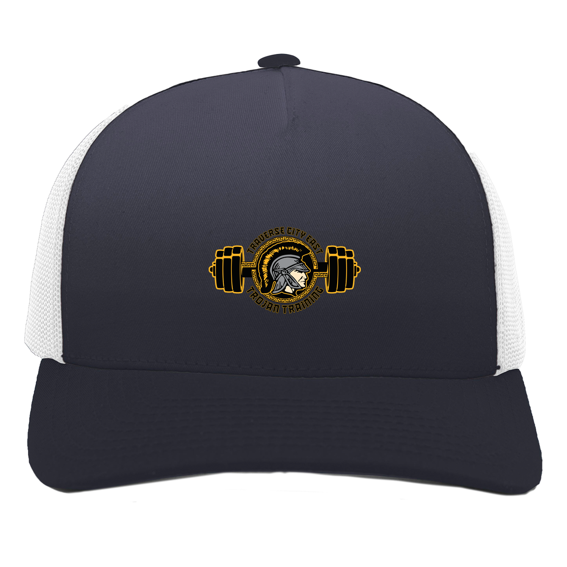 tc-trojans-ems-training-logo-pacific-headwear-5-panel-trucker-snapback-cap — Navy/White — Front — source sha256 591a7c0ec25c2b00b72144c510827e003262c2d71968fdfdbf24f0c0291db4b5 — Color position 1