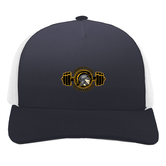 tc-trojans-ems-training-logo-pacific-headwear-5-panel-trucker-snapback-cap — Navy/White — Front — source sha256 591a7c0ec25c2b00b72144c510827e003262c2d71968fdfdbf24f0c0291db4b5 — Color position 1