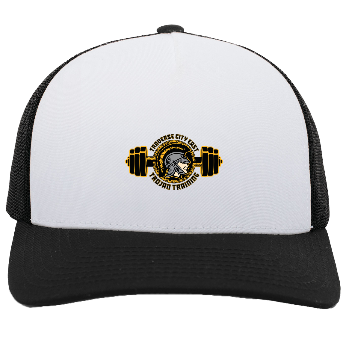 tc-trojans-ems-training-logo-pacific-headwear-5-panel-trucker-snapback-cap — White/Black — Front — source sha256 9524fdd8a7af3f0ccd8d8ce55cbf8b11efc3beab5e4512ffe53c6a7f02d25186 — Color position 4