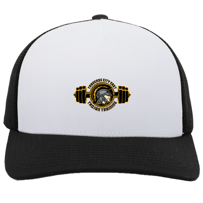 tc-trojans-ems-training-logo-pacific-headwear-5-panel-trucker-snapback-cap — White/Black — Front — source sha256 9524fdd8a7af3f0ccd8d8ce55cbf8b11efc3beab5e4512ffe53c6a7f02d25186 — Color position 4