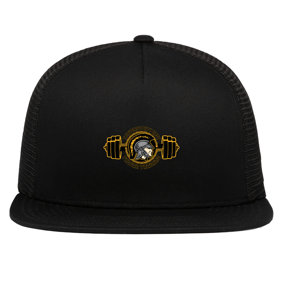 tc-trojans-ems-training-logo-pacific-headwear-d-series-5-panel-trucker-snapback-cap — Black — Front — source sha256 95c8ad2b670aeb74b1919ff1155fbdc5c697703a17a615f8e0cb8935bbc5301c — Color position 1