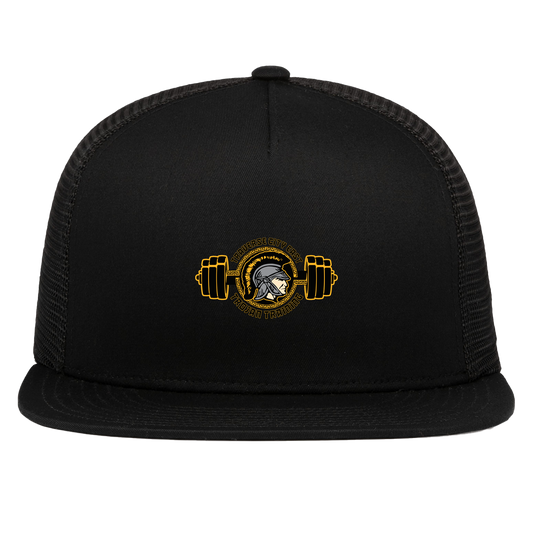 tc-trojans-ems-training-logo-pacific-headwear-d-series-5-panel-trucker-snapback-cap — Black — Front — source sha256 95c8ad2b670aeb74b1919ff1155fbdc5c697703a17a615f8e0cb8935bbc5301c — Color position 1