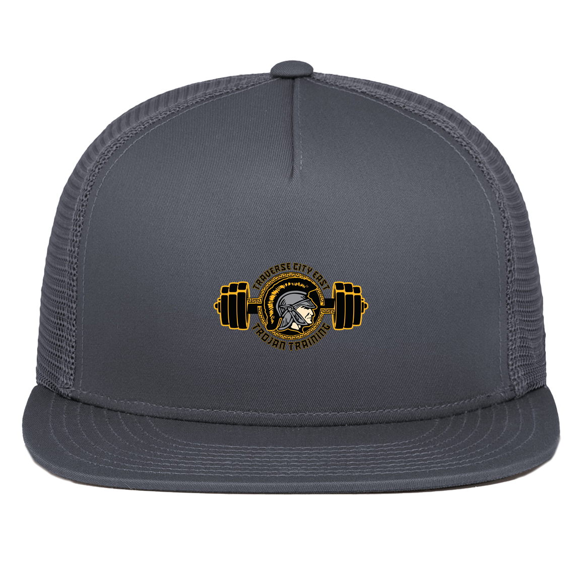 tc-trojans-ems-training-logo-pacific-headwear-d-series-5-panel-trucker-snapback-cap — Graphite — Front — source sha256 a3ce8e5c90b2220a93bdc57e5b4af85502ea8b616858449e0ffebc5a6d895c28 — Color position 3