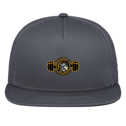 tc-trojans-ems-training-logo-pacific-headwear-d-series-5-panel-trucker-snapback-cap — Graphite — Front — source sha256 a3ce8e5c90b2220a93bdc57e5b4af85502ea8b616858449e0ffebc5a6d895c28 — Color position 3