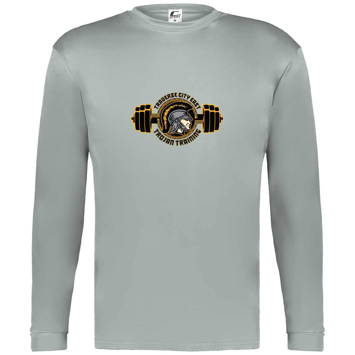 tc-trojans-ems-training-logo-c2-mens-performance-long-sleeve-tee — Silver — Front — source sha256 a434900cff333ff5cf6697b688db2fc69615cb4b255833e7ea59c4547bee0842 — Color position 3
