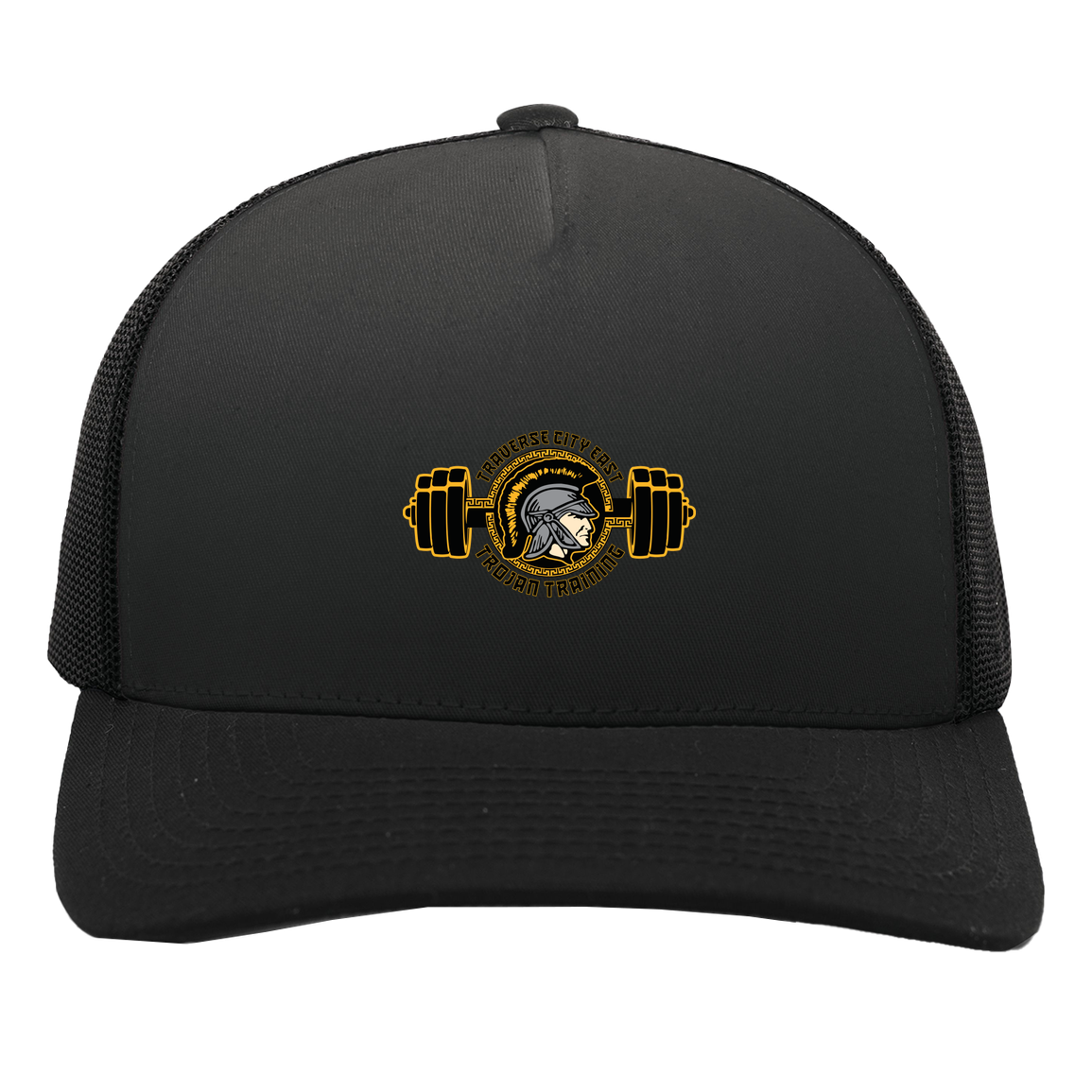 tc-trojans-ems-training-logo-pacific-headwear-5-panel-trucker-snapback-cap — Black/Black — Front — source sha256 a71401b6e138e7f1c9a32a9411e230c4832e52fc4323ff76866832a5debf4871 — Color position 3