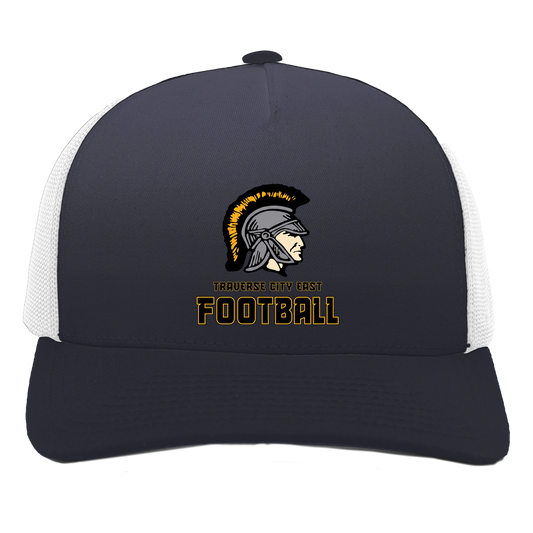 tc-trojans-football-basic-pacific-headwear-5-panel-trucker-snapback-cap — Navy/White — Front — source sha256 c35989ed162347c0907732cd3740e4a6947258b8cc447becf39926ebd90afbf4 — Color position 1