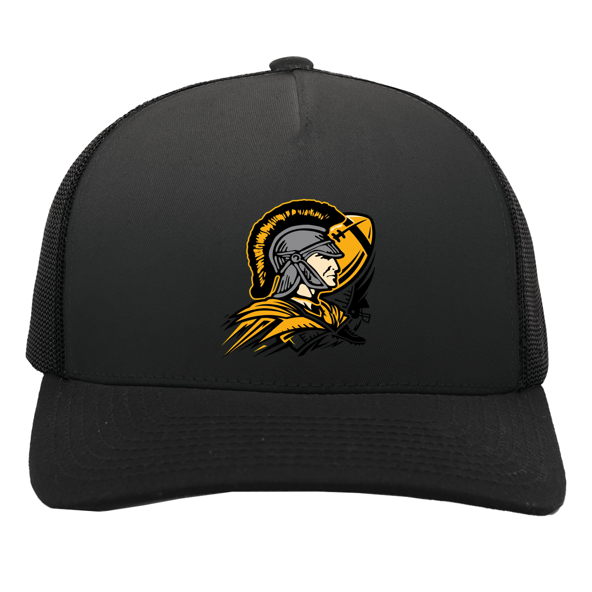 tc-trojans-football-graphic-v2-pacific-headwear-5-panel-trucker-snapback-cap — Black/Black — Front — source sha256 b0dcd47bbdaed54d33b51d0e499a11e73a35d64e6f55a930cdefbf71a78636af — Color position 3
