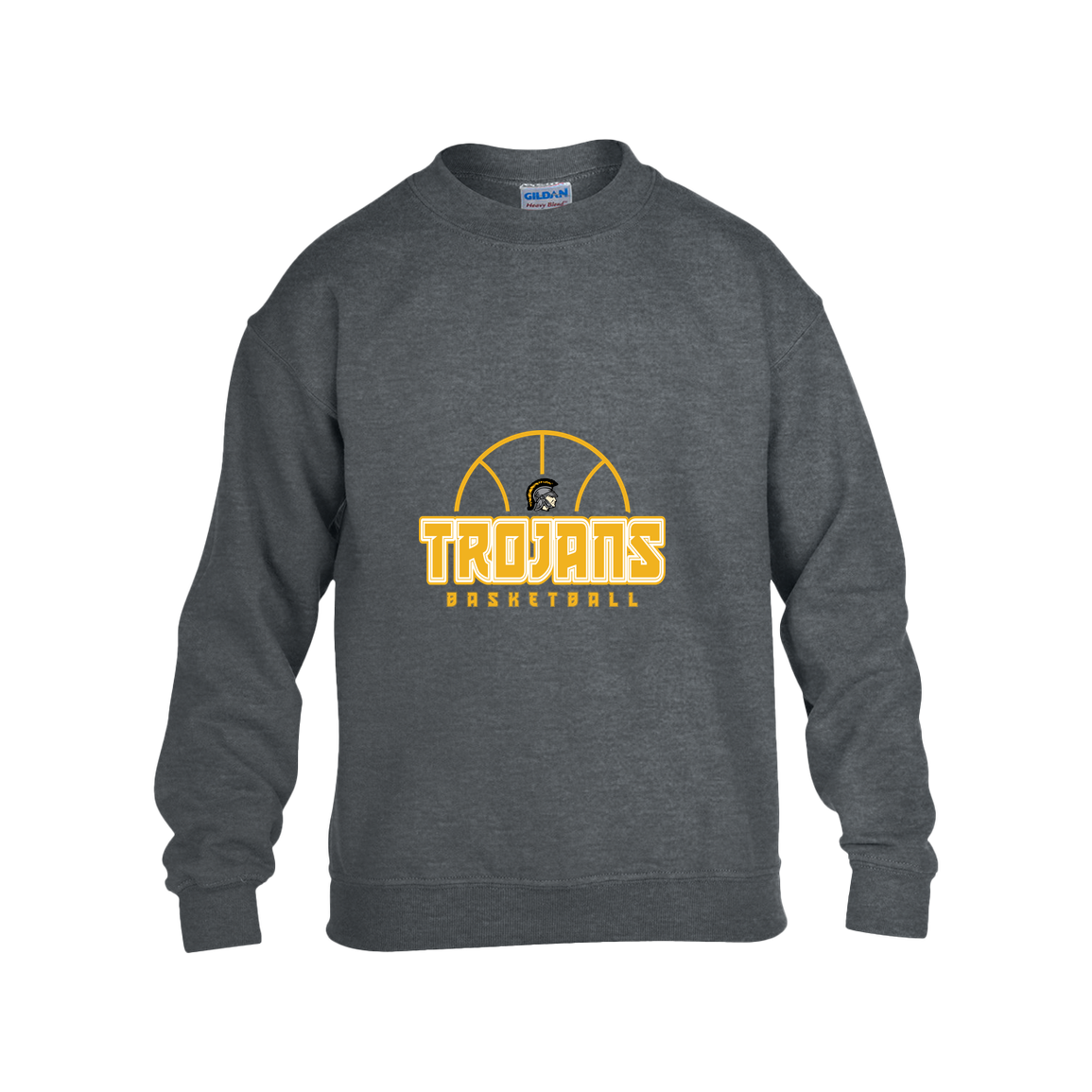 tc-trojans-hoop-horizon-gildan-kids-heavy-blend-fleece-crew — Dark Heather — Front — source sha256 2b0be7fc6f7af108ea7c6c705f58eca0a000caf579dc4d8159dc76ed1f0f6612 — Color position 2