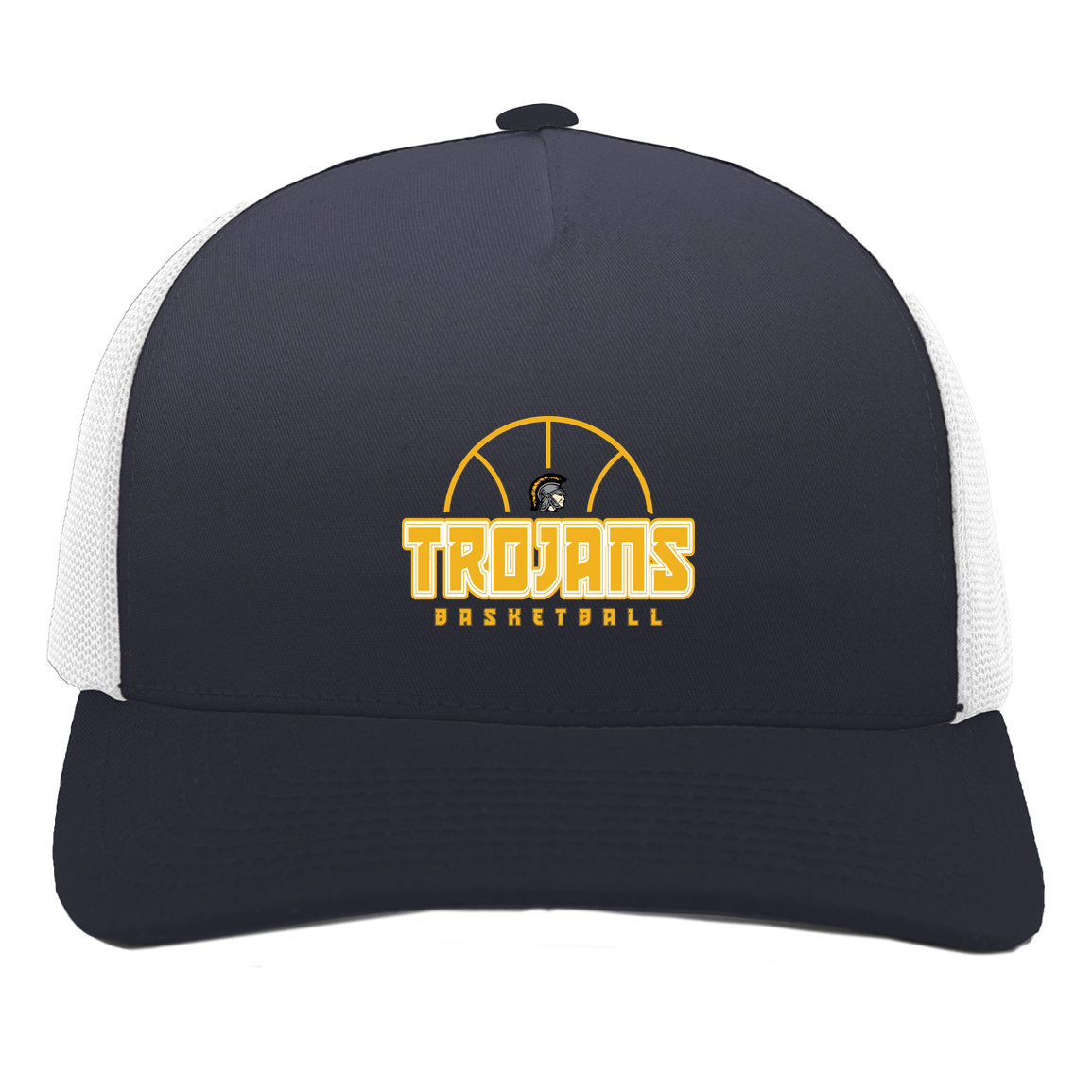 tc-trojans-hoop-horizon-pacific-headwear-5-panel-trucker-snapback-cap — Navy/White — Front — source sha256 2f59685f9768501aa237163e4da04abca38f3349f592e81883ebdfa9e74003a6 — Color position 1