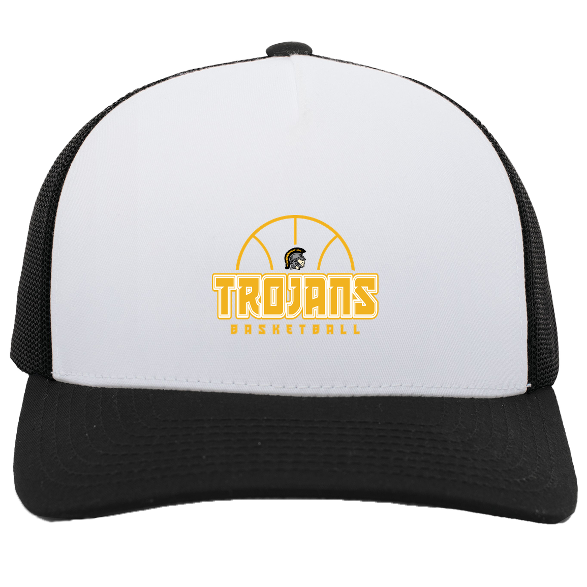 tc-trojans-hoop-horizon-pacific-headwear-5-panel-trucker-snapback-cap — White/Black — Front — source sha256 66499af572ca74bef3daecf986fd144e565e1b2b5975776e30401ee7bc0fb224 — Color position 4
