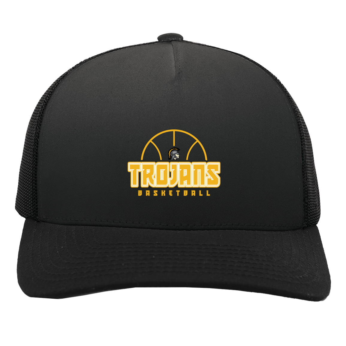 tc-trojans-hoop-horizon-pacific-headwear-5-panel-trucker-snapback-cap — Black/Black — Front — source sha256 a3d333f64d59a5a6b88a2a9641e0a2b350d2c31bc209b8dfcafe46c9e1f8a3a9 — Color position 3