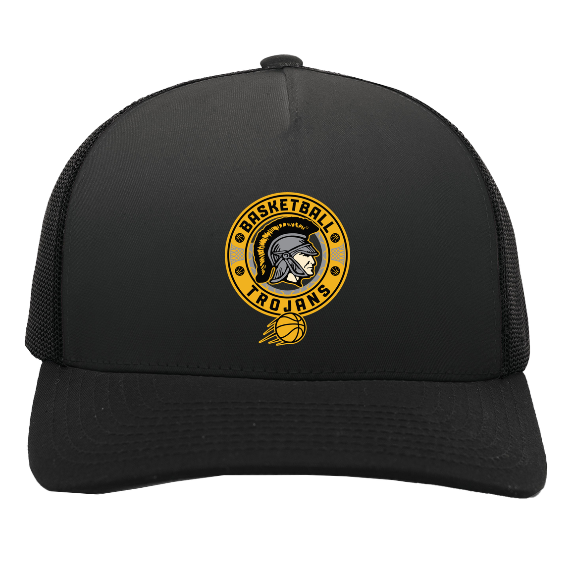 tc-trojans-retro-80s-90s-pacific-headwear-5-panel-trucker-snapback-cap — Black/Black — Front — source sha256 2ddc273b7b6ffe9bc9bdbe64e6f40aefe04db4b2372da545384470b2cf42eb34 — Color position 3
