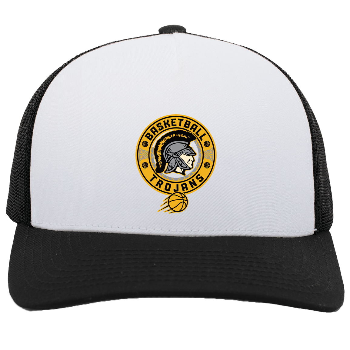 tc-trojans-retro-80s-90s-pacific-headwear-5-panel-trucker-snapback-cap — White/Black — Front — source sha256 4c863b342ac7c039312a245239844064bcd8a2731d7a08fe984cb5b2f3758e3e — Color position 4