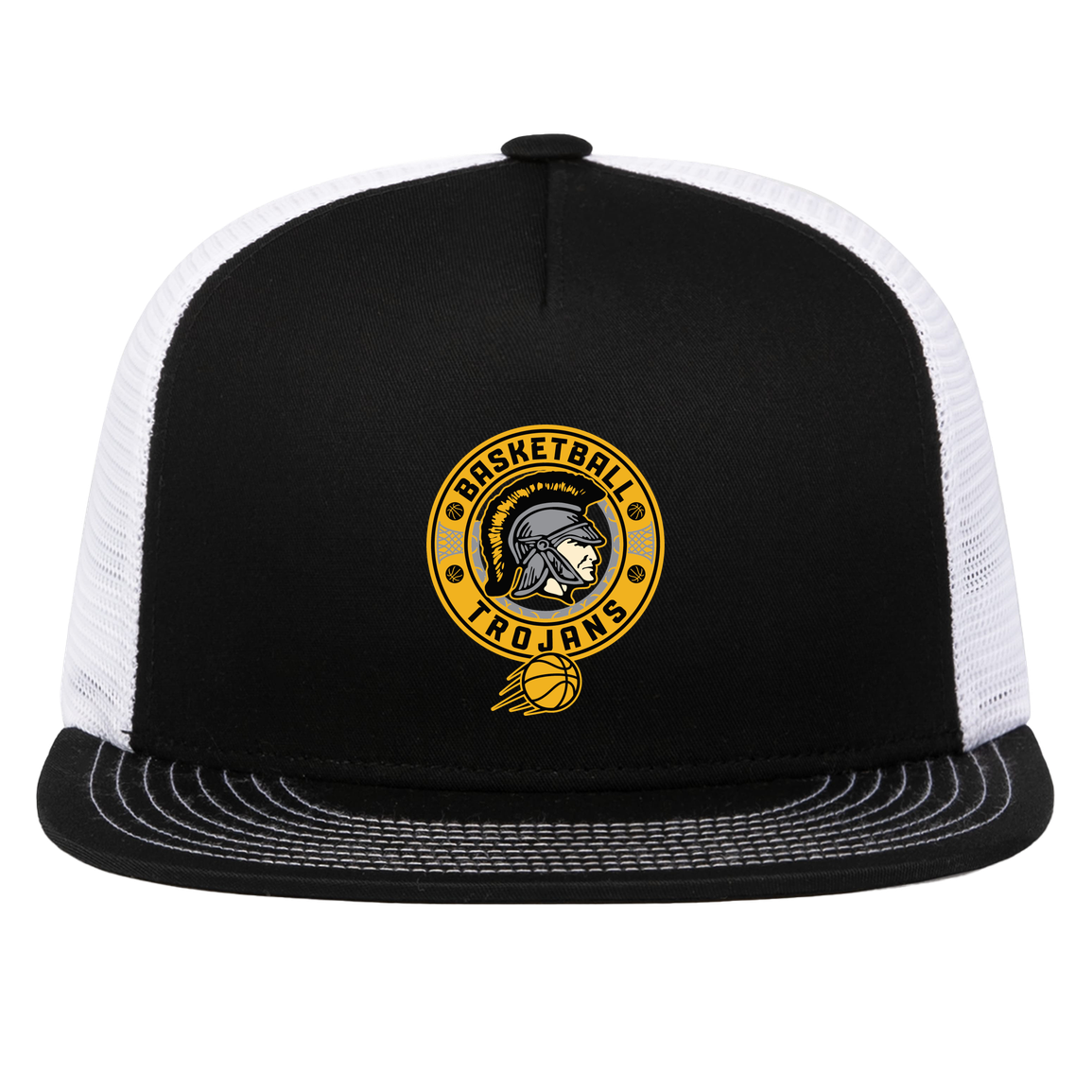 tc-trojans-retro-80s-90s-pacific-headwear-d-series-5-panel-trucker-snapback-cap — Black/White — Front — source sha256 a19d3678e8699270e20084ad3235db197251698a2f560cb51ccf1114d4a9dd75 — Color position 2