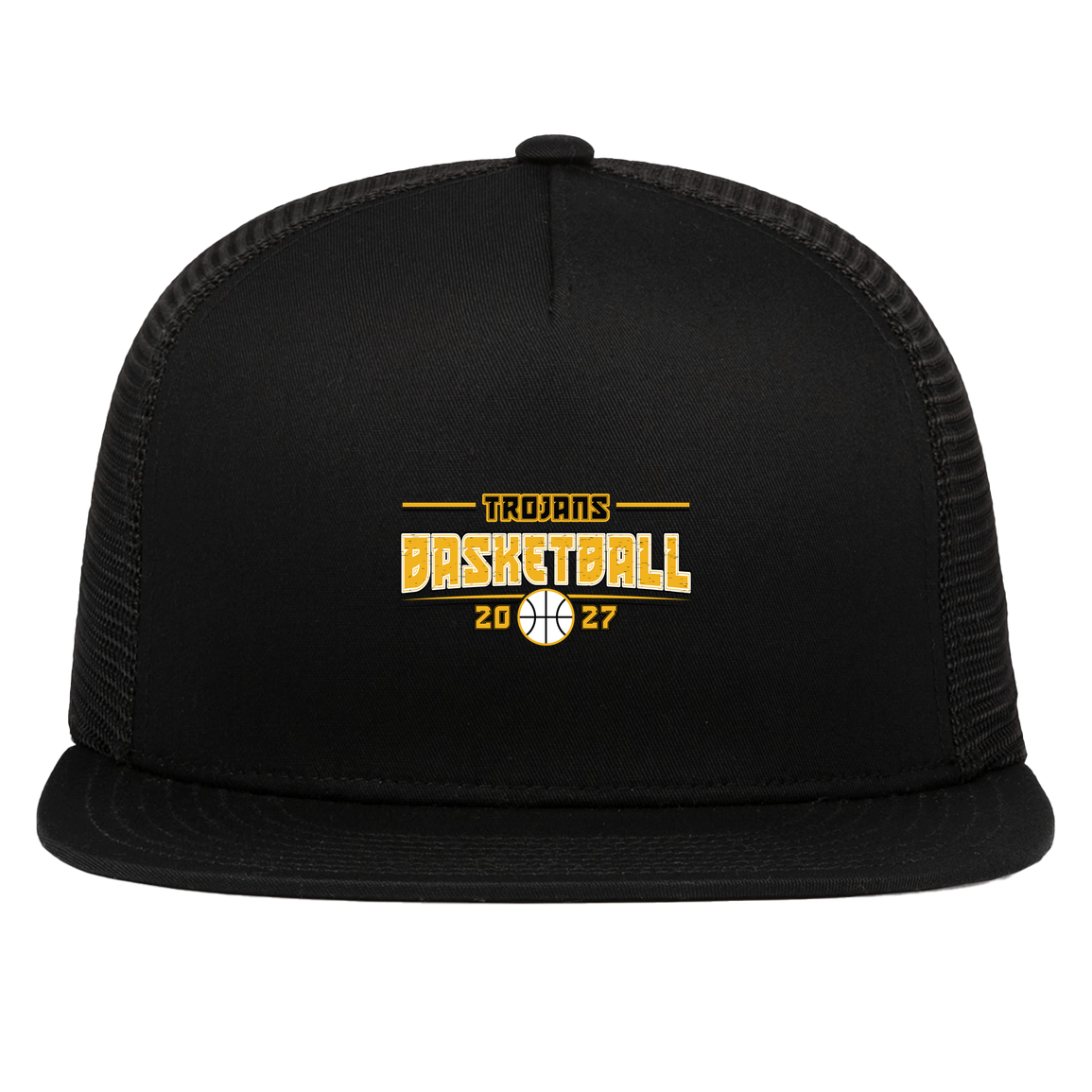 tc-trojans-season-arc-pacific-headwear-d-series-5-panel-trucker-snapback-cap — Black — Front — source sha256 139fb2707f8280e1716bce5fd005b86c017727e2e431563fe0cfa728fb1912aa — Color position 1