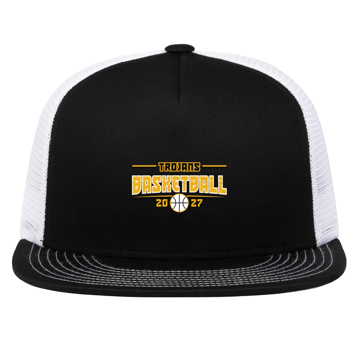 tc-trojans-season-arc-pacific-headwear-d-series-5-panel-trucker-snapback-cap — Black/White — Front — source sha256 1c08b3c40d5a4f3f3d7b5c583708ad6dfd268e0184ba6e038370fc98c7b323f4 — Color position 2