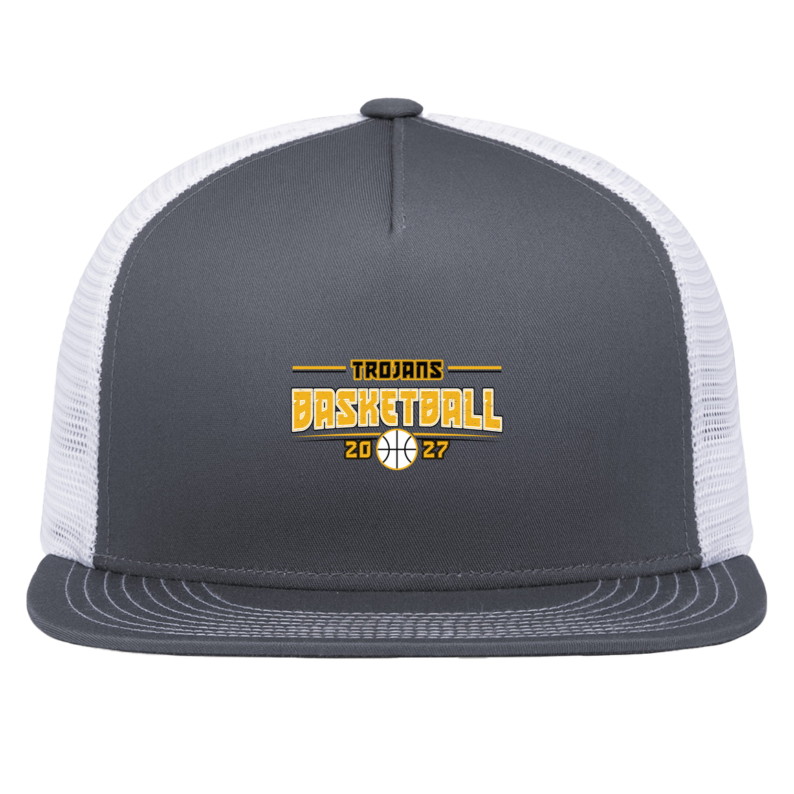 tc-trojans-season-arc-pacific-headwear-d-series-5-panel-trucker-snapback-cap — Graphite/White — Front — source sha256 f2d8c189a33aa7c46e43bd6aeaaa285607de0f94608301a70f3a7892dac2d360 — Color position 4