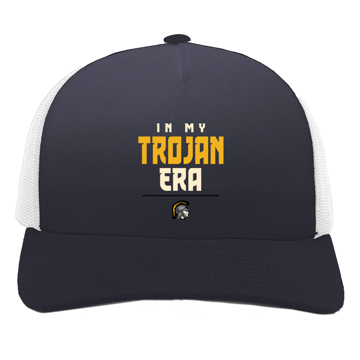 tc-trojans-sport-era-stack-3600x4200-pacific-headwear-5-panel-trucker-snapback-cap — Navy/White — Front — source sha256 2dba7db9c468381aeaf7678c7a302a688831d711d4c5246e50f6b3b46fa80249 — Color position 1