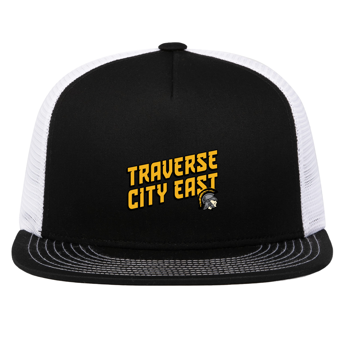 tc-trojans-sport-retro-script-3600x4200-pacific-headwear-d-series-5-panel-trucker-snapback-cap — Black/White — Front — source sha256 a398bed8e6052786993fa821373818b8c33667e71e1aec6a6806a1656438a468 — Color position 2