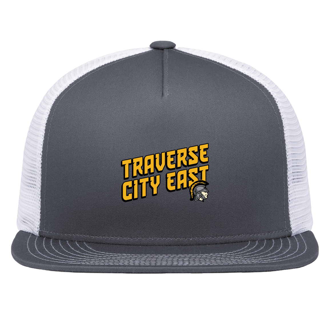tc-trojans-sport-retro-script-3600x4200-pacific-headwear-d-series-5-panel-trucker-snapback-cap — Graphite/White — Front — source sha256 b49447928d961afd31f20c3b34609841f1be959903f9a27a4123c858dc903cdc — Color position 4