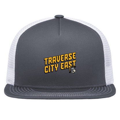 tc-trojans-sport-retro-script-3600x4200-pacific-headwear-d-series-5-panel-trucker-snapback-cap — Graphite/White — Front — source sha256 b49447928d961afd31f20c3b34609841f1be959903f9a27a4123c858dc903cdc — Color position 4