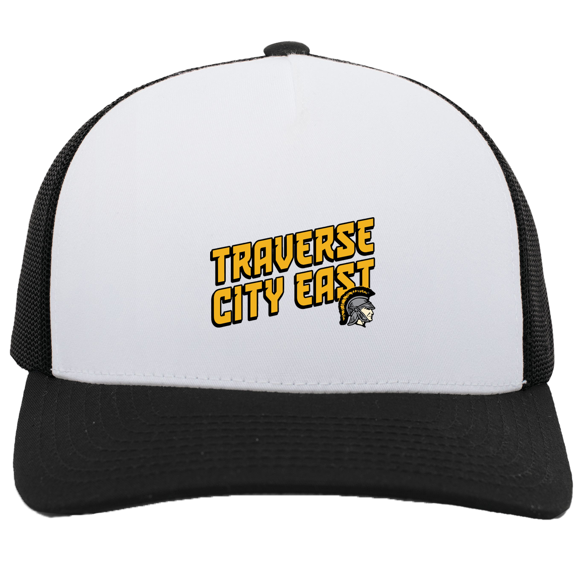 tc-trojans-sport-retro-script-3600x4200-pacific-headwear-5-panel-trucker-snapback-cap — White/Black — Front — source sha256 b8ba3ef17f3a2af686d7fcb34a199a2a805d95477be00f8bf8f4d7ebca336490 — Color position 4