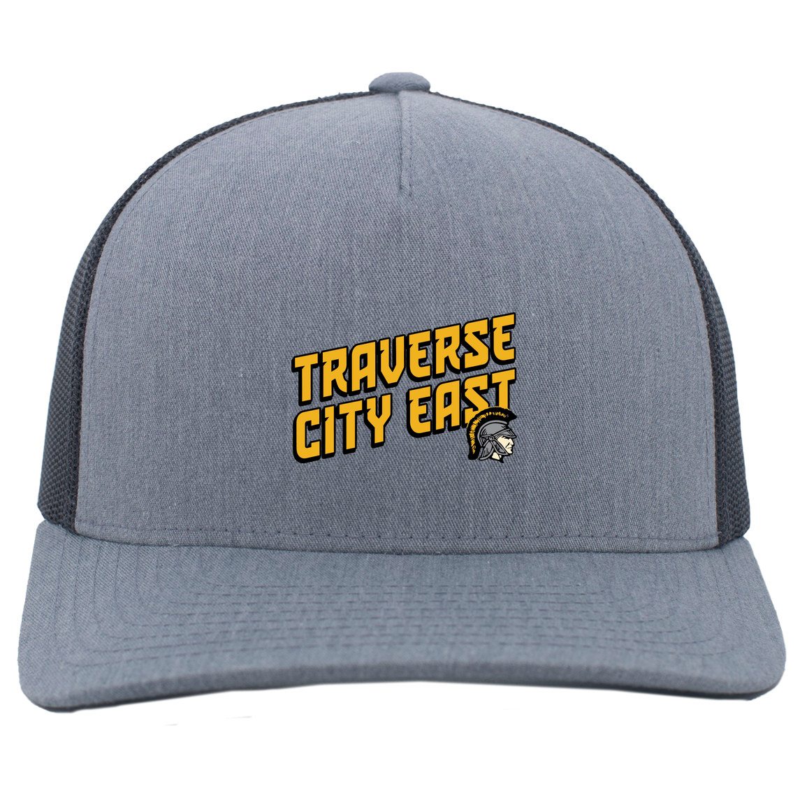 tc-trojans-sport-retro-script-3600x4200-pacific-headwear-5-panel-trucker-snapback-cap — Heather Grey/Light Charcoal — Front — source sha256 dad7e73dccab38071280472812d777c608b85bd86988e821f96a81c003b91325 — Color position 2