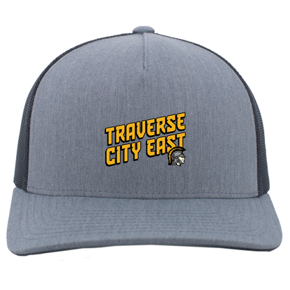 tc-trojans-sport-retro-script-3600x4200-pacific-headwear-5-panel-trucker-snapback-cap — Heather Grey/Light Charcoal — Front — source sha256 dad7e73dccab38071280472812d777c608b85bd86988e821f96a81c003b91325 — Color position 2