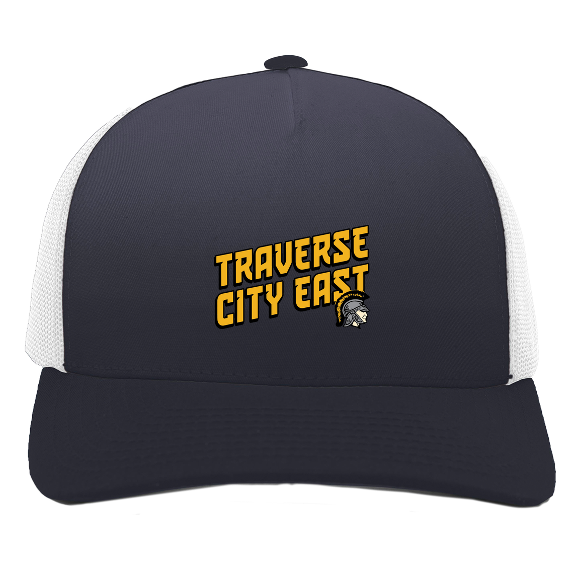 tc-trojans-sport-retro-script-3600x4200-pacific-headwear-5-panel-trucker-snapback-cap — Navy/White — Front — source sha256 e3aedb0197a031e3c021966d8e4eacaf27700a690fe516f1cda1394a912cb38c — Color position 1