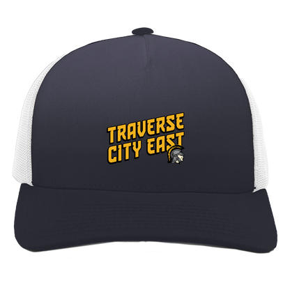 tc-trojans-sport-retro-script-3600x4200-pacific-headwear-5-panel-trucker-snapback-cap — Navy/White — Front — source sha256 e3aedb0197a031e3c021966d8e4eacaf27700a690fe516f1cda1394a912cb38c — Color position 1