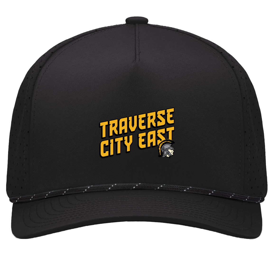 tc-trojans-sport-retro-script-3600x4200-pacific-headwear-weekender-perforated-snapback-cap — Black/Black — Front — source sha256 e6a8d413b7f3aa960c73042ca1cb99cc5c00c272bdb7c960b82be7a82d2cdf2f — Color position 1