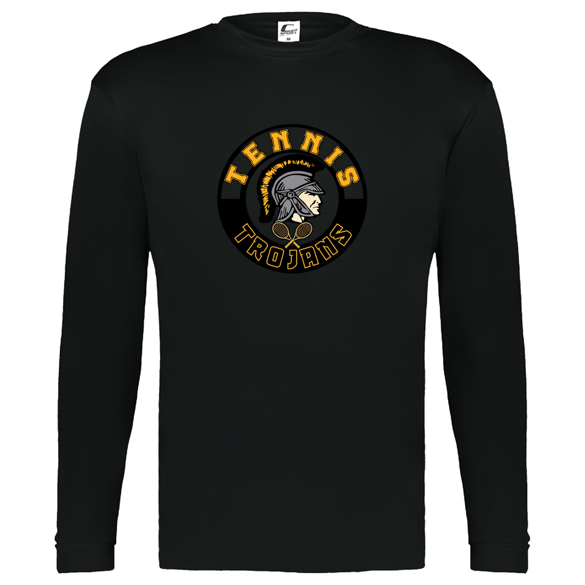 tc-trojans-tennis-crest-c2-kids-performance-long-sleeve-tee — Black — Front — source sha256 7812366e402a428c961d42ee8c54fd589ef9e1c4ada1ef6e0d36b9b0a529bdf6 — Color position 1