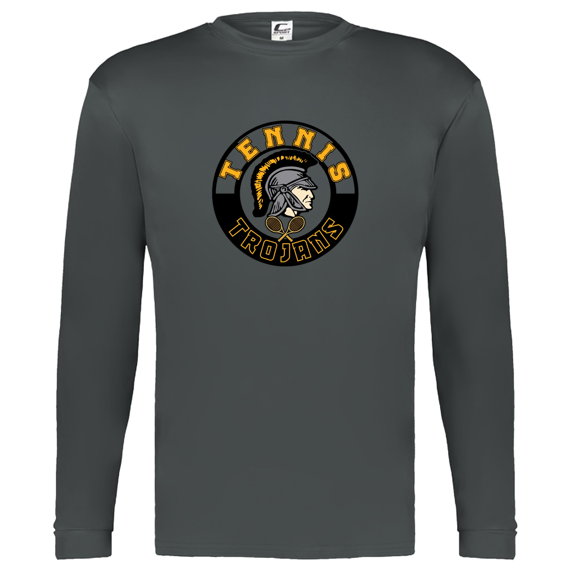 tc-trojans-tennis-crest-c2-kids-performance-long-sleeve-tee — Graphite — Front — source sha256 933bfa60c201b1a0ad107051fa238cc1ddc3d7df720c7581e07fec39af8e29b1 — Color position 2