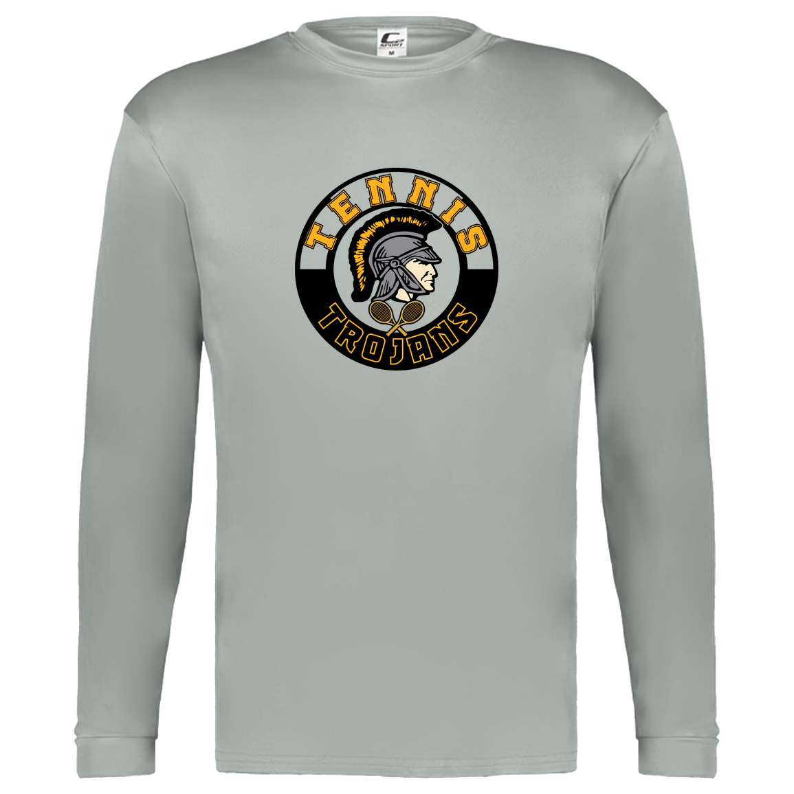 tc-trojans-tennis-crest-c2-kids-performance-long-sleeve-tee — Silver — Front — source sha256 a77ca6d61d1943d1283061e44f4b688e2ff537e08c51b00d1decbb6bc326db87 — Color position 3