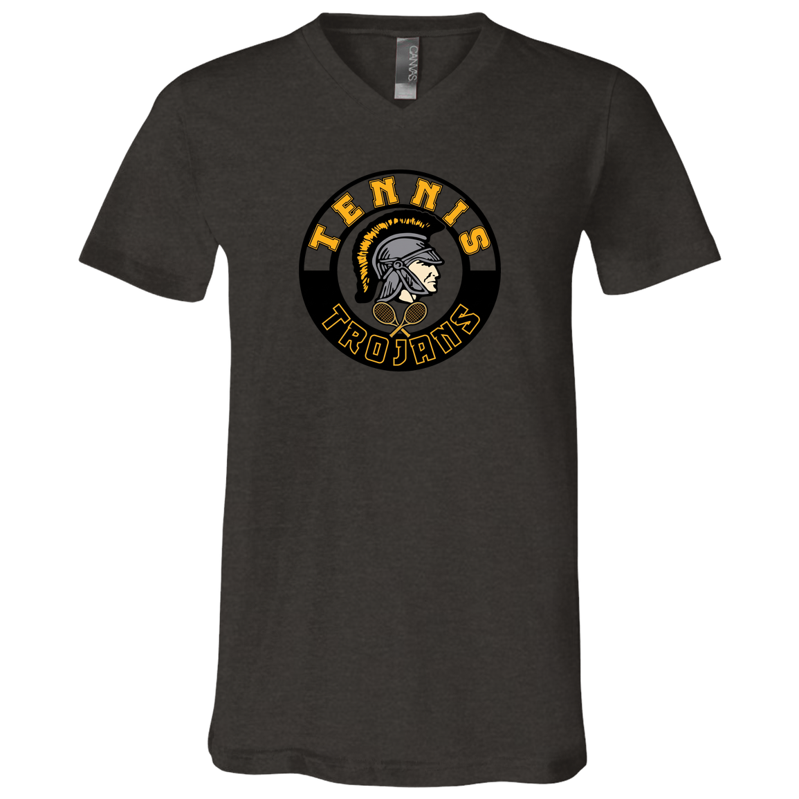 tc-trojans-tennis-crest-bella-canvas-unisex-jersey-ss-v-neck-t-shirt — Dark Grey Heather — Front — source sha256 d408d9d654403fdf3a3b73a3aff5dab43fca255e1c48f7235c35b4f281d62fe7 — Color position 3
