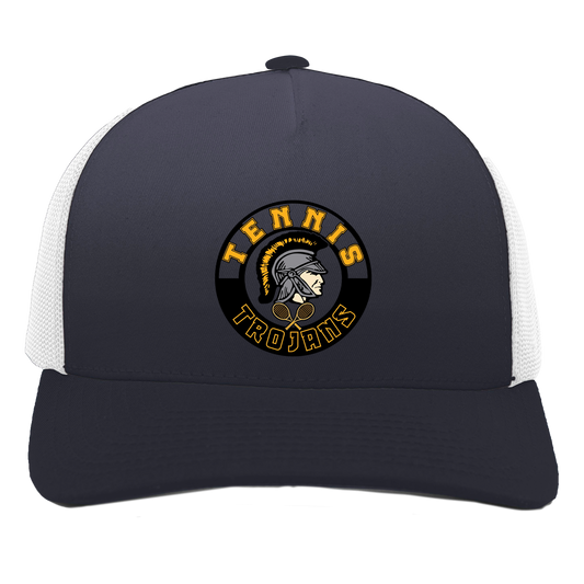 tc-trojans-tennis-crest-pacific-headwear-5-panel-trucker-snapback-cap — Navy/White — Front — source sha256 fcb7a5c9aea93a99bbe63ef7ac76d9c8e1a289033097f77c027cafd1e3da99b7 — Color position 1