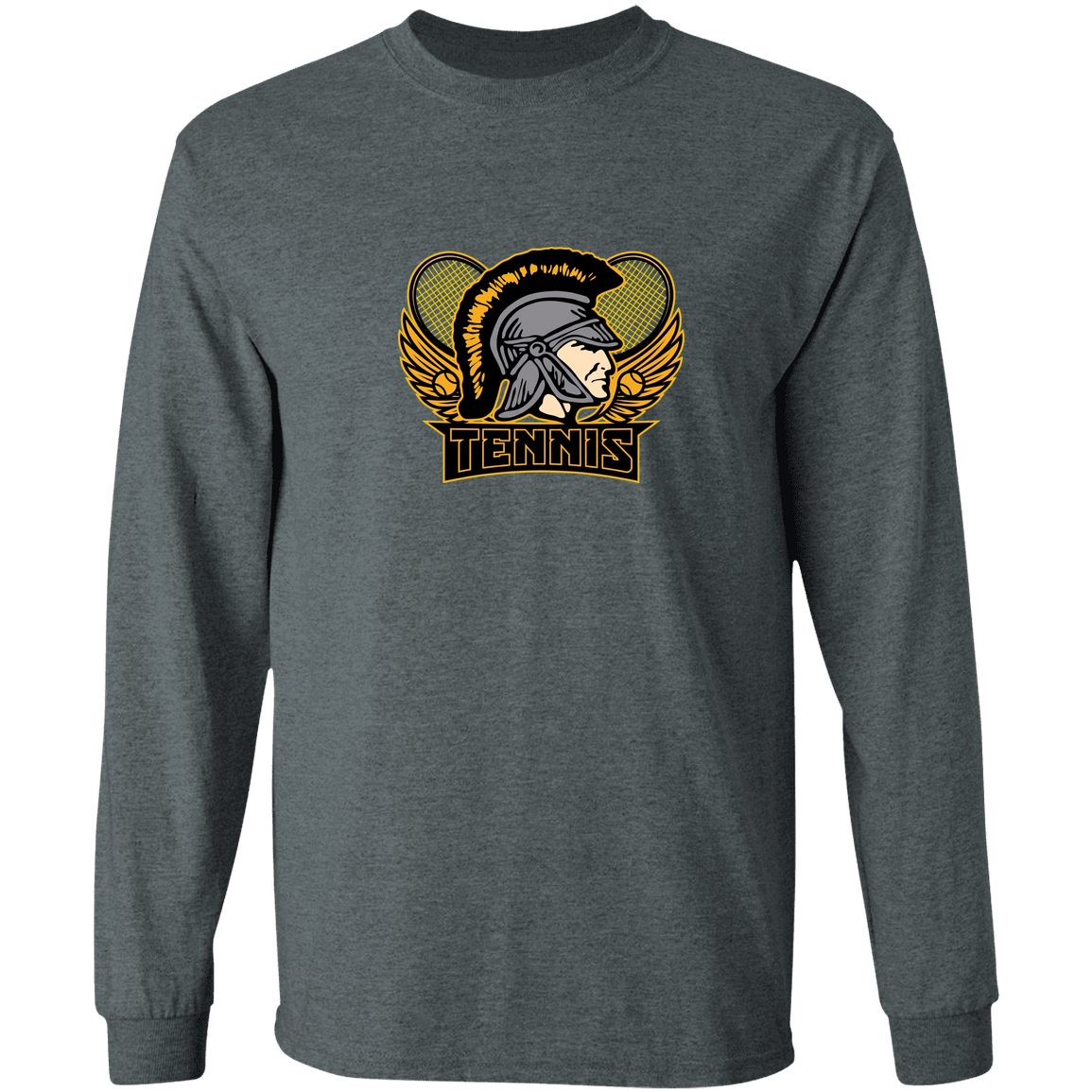 tc-trojans-tennis-insignia-v2-gildan-ls-t-shirt-5-3-oz — Dark Heather — Front — source sha256 301e4727f7dfb48513bb2c50cae4169e71928b7a25b51d0c2fd7a26c256522ac — Color position 2