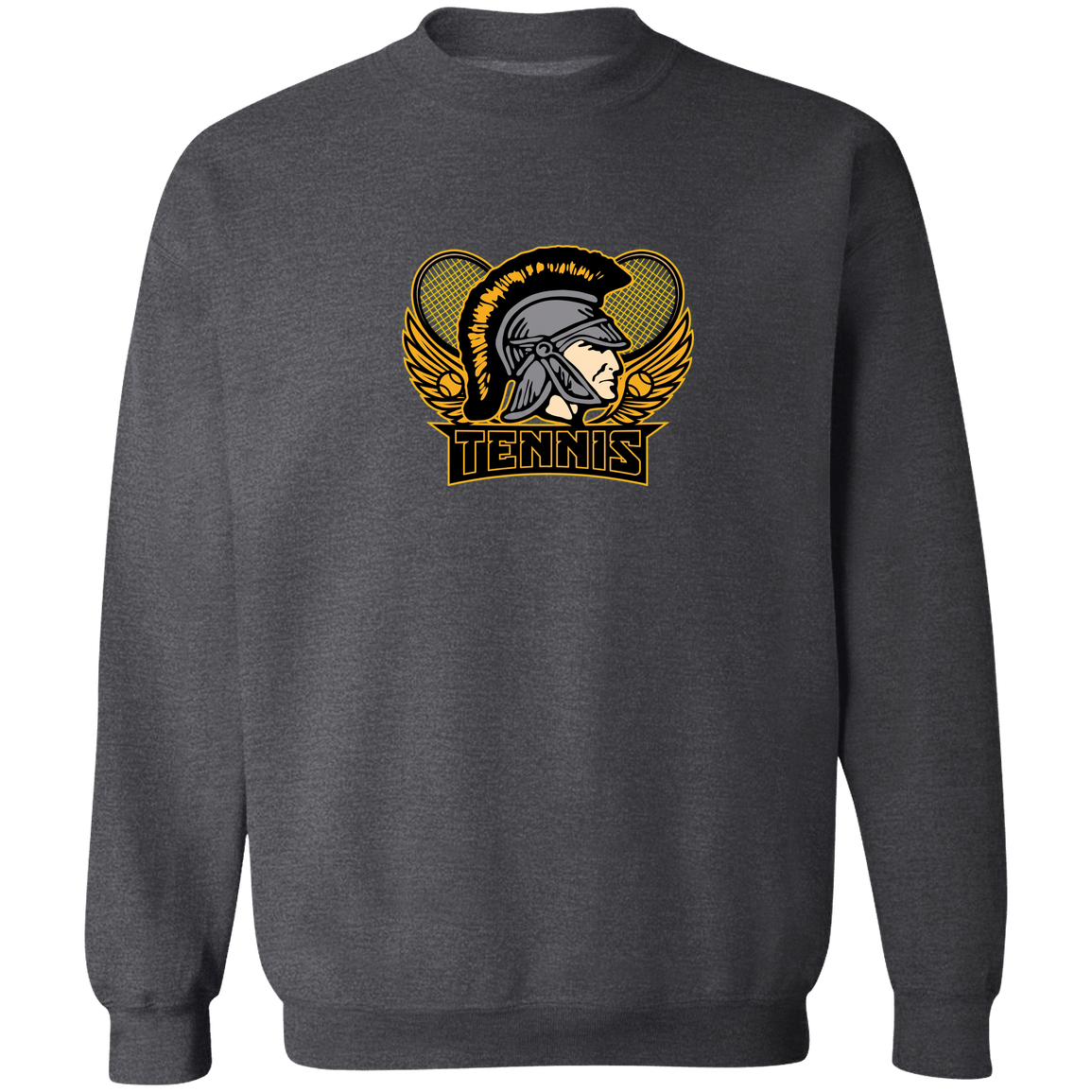tc-trojans-tennis-insignia-v2-gildan-crewneck-pullover-sweatshirt — Dark Heather — Front — source sha256 7f4b0802a0747a0c5e20d362a81eedc74781167fc4f8dad339163824745f9c0a — Color position 6
