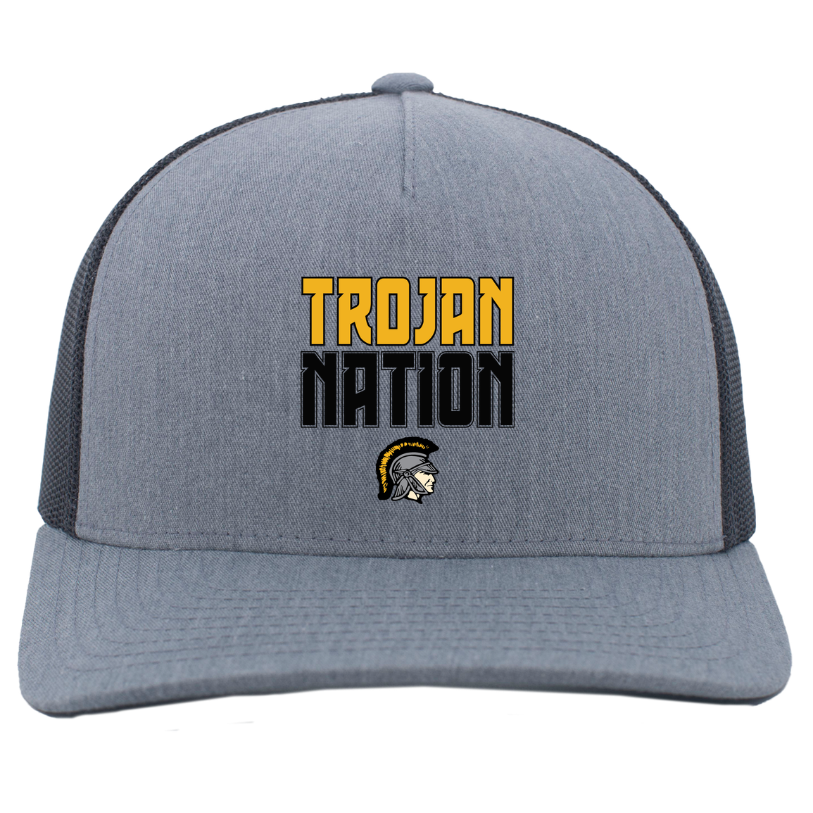 tc-trojans-trojan-nation-pacific-headwear-5-panel-trucker-snapback-cap — Heather Grey/Light Charcoal — Front — source sha256 4744e92712dec72abab449192eccb52d2dad0470e0b5d2e9eef7752e41e7cb10 — Color position 1