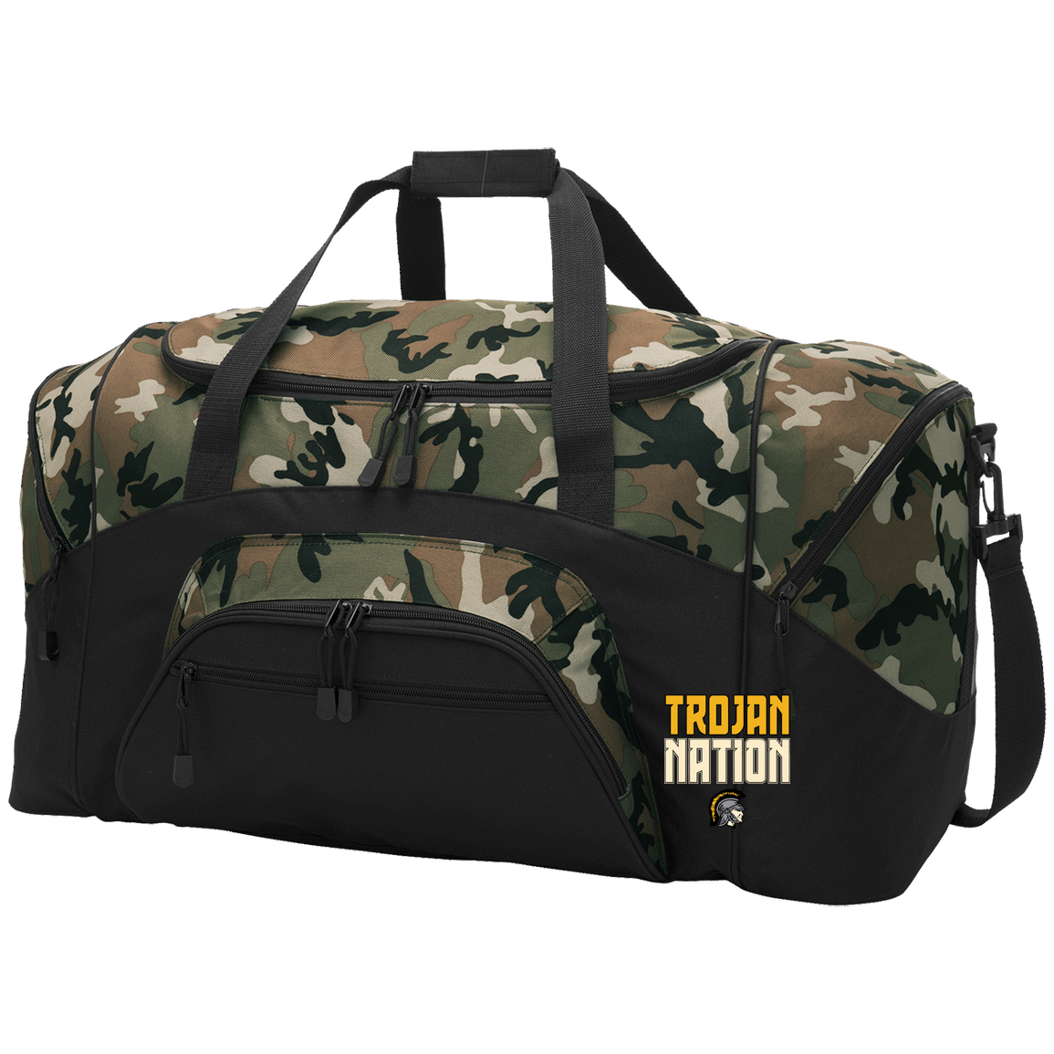 tc-trojans-trojan-nation-dark-port-company-sport-duffel — Black/Camouflage — Front — source sha256 55df3e034449ec7f2e43027997ef26cf95bdfcc394959120ed407a04f32a3c23 — Color position 2