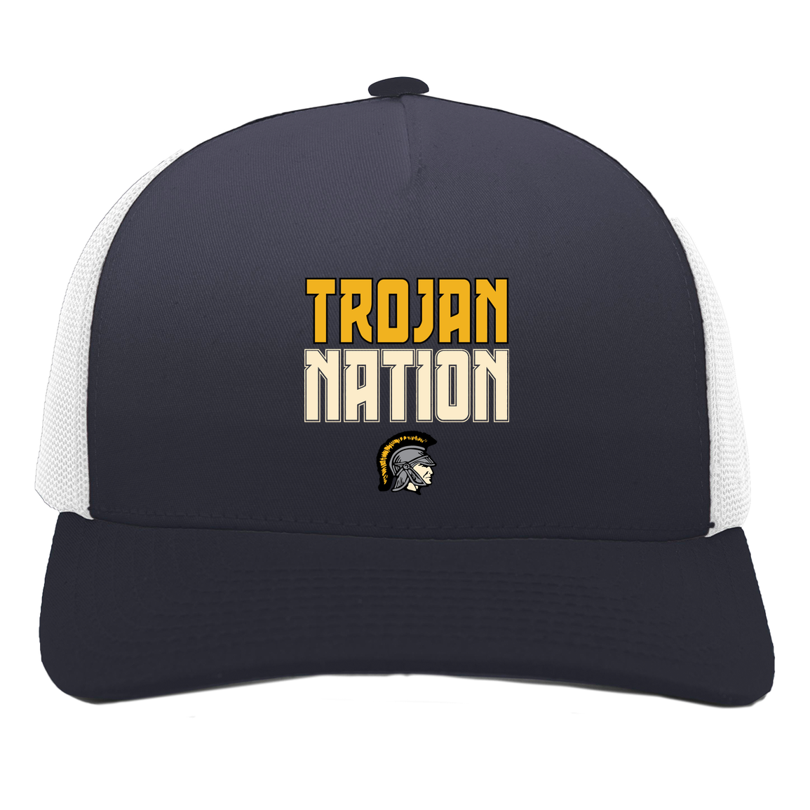 tc-trojans-trojan-nation-dark-pacific-headwear-5-panel-trucker-snapback-cap — Navy/White — Front — source sha256 6b89bf915767f0a849a5e8988c12238ff530ecb7cd10d0c53b62379e7bdf1f65 — Color position 1