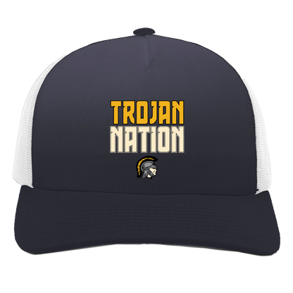 tc-trojans-trojan-nation-dark-pacific-headwear-5-panel-trucker-snapback-cap — Navy/White — Front — source sha256 6b89bf915767f0a849a5e8988c12238ff530ecb7cd10d0c53b62379e7bdf1f65 — Color position 1