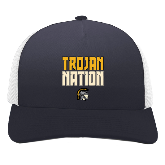 tc-trojans-trojan-nation-dark-pacific-headwear-5-panel-trucker-snapback-cap — Navy/White — Front — source sha256 6b89bf915767f0a849a5e8988c12238ff530ecb7cd10d0c53b62379e7bdf1f65 — Color position 1