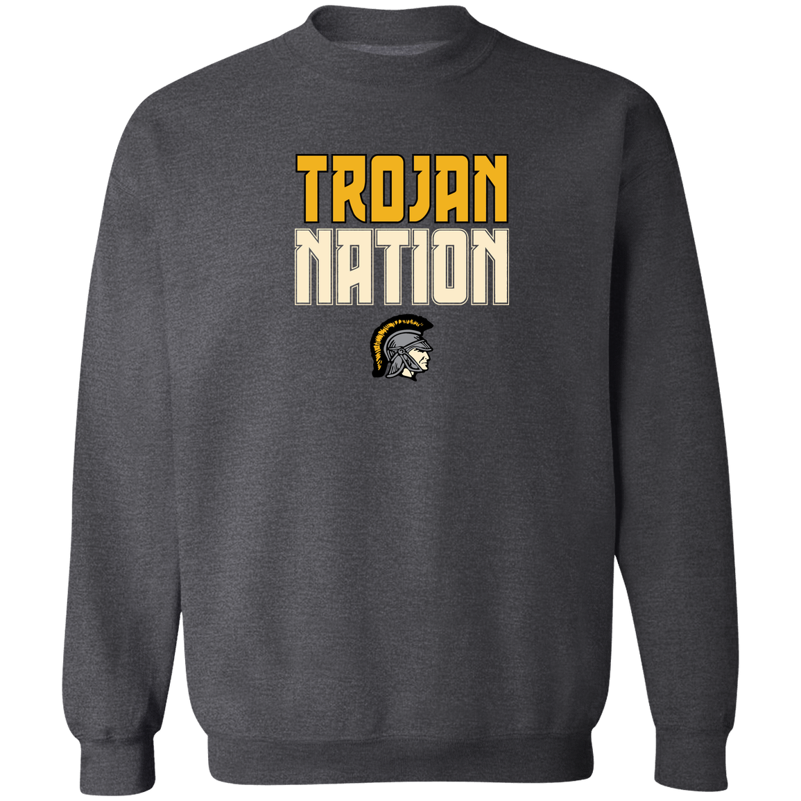 tc-trojans-trojan-nation-dark-gildan-crewneck-pullover-sweatshirt — Dark Heather — Front — source sha256 87e759d9c726b579dc1dbf3a35a209ef9654d04da1f1ee14d98022406bc06497 — Color position 2
