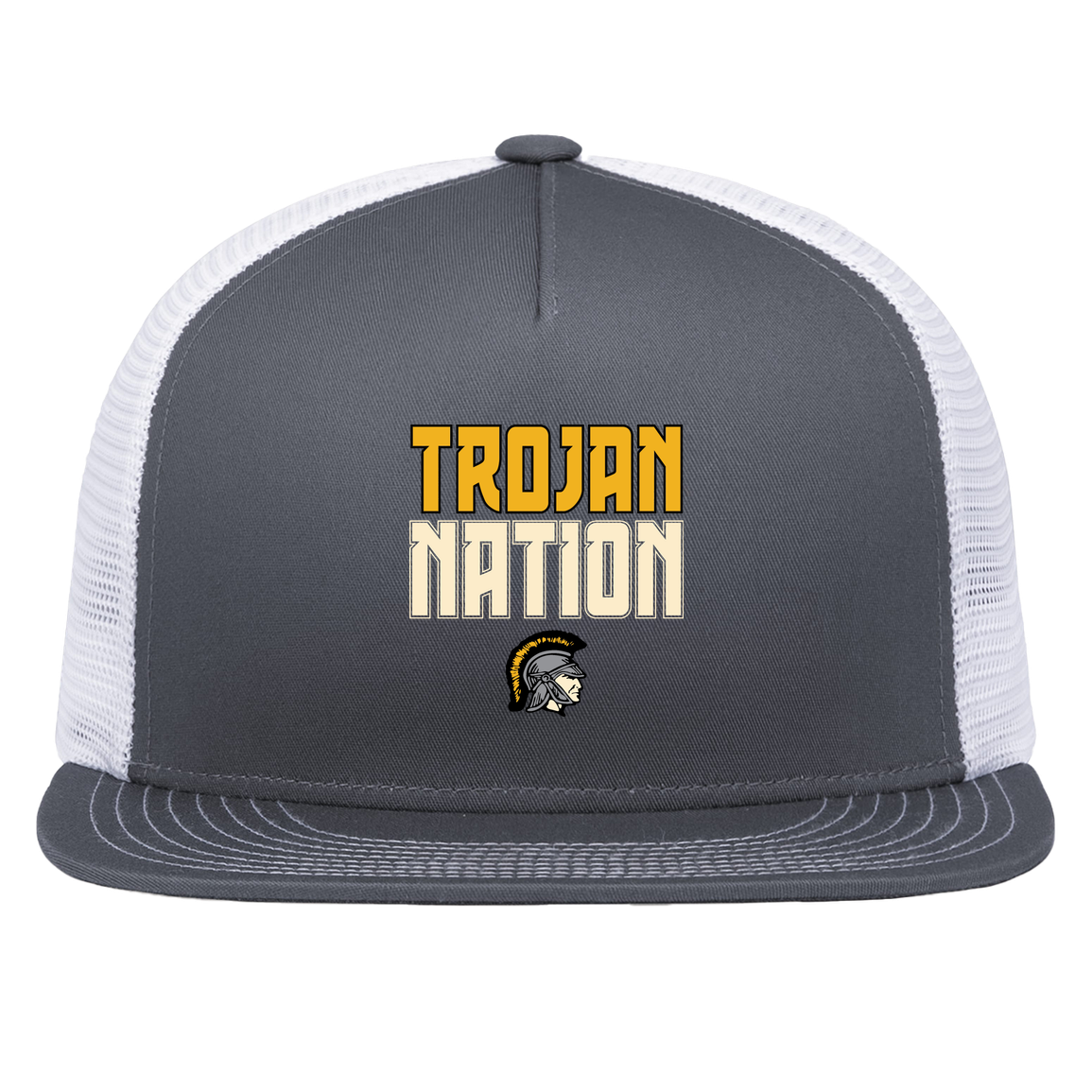 tc-trojans-trojan-nation-dark-pacific-headwear-d-series-5-panel-trucker-snapback-cap — Graphite/White — Front — source sha256 9156b7e445d8551bf2760086a09026cfff3d1cf6a9856bb41de5daf934e9e56b — Color position 4