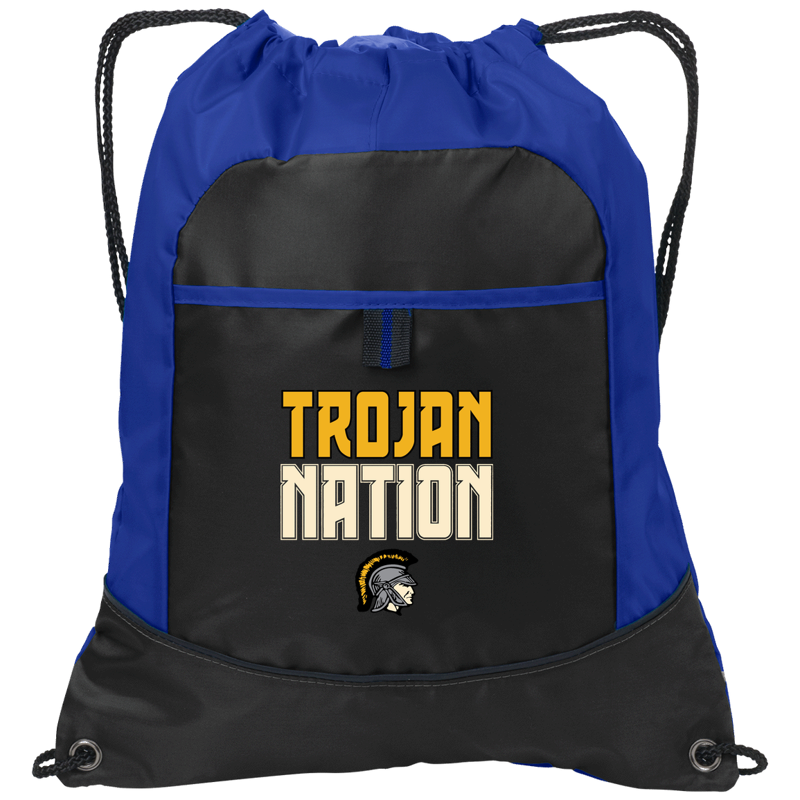 tc-trojans-trojan-nation-dark-port-authority-pocket-cinch-pack — Black/Hyper Blue — Front — source sha256 9a26f919b5c40af6454ba07578cf61062c08470d9e12f1713e6b67fd12c169e8 — Color position 1