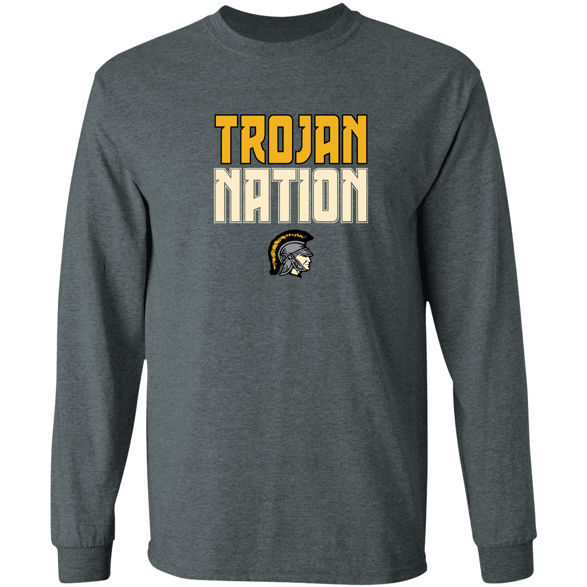 tc-trojans-trojan-nation-dark-gildan-ls-t-shirt-5-3-oz — Dark Heather — Front — source sha256 9d2659c33c502fcf81c809f27853071cc038fcdfa8e0c282df8b4145a62ccc2b — Color position 1