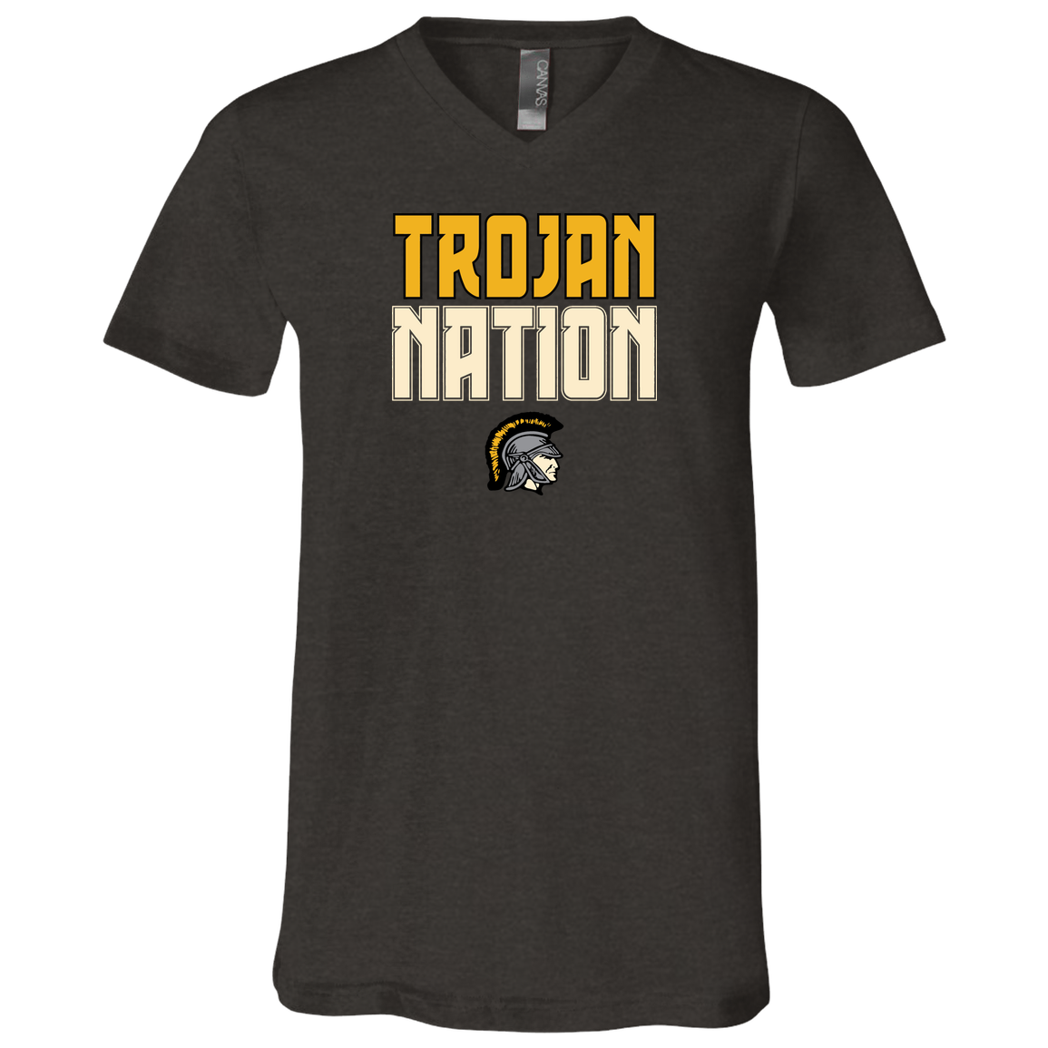 tc-trojans-trojan-nation-dark-bella-canvas-unisex-jersey-ss-v-neck-t-shirt — Dark Grey Heather — Front — source sha256 c49b633887cacc330445748d02eb003ca51d4b3000d0b06fa0157adaa4370d84 — Color position 2